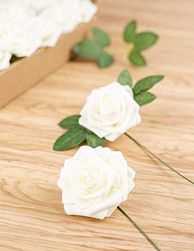 25pcs Artificial Flower Foam Rose Real Touch Roses Flower Heads with Stem for DIY Wedding Bouquets Centerpieces Arrangements Party Baby Shower Home Decor (Ivory) - color: Ivory
