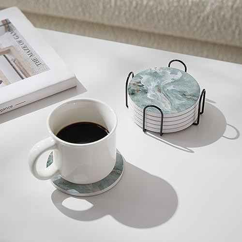 Set of 6 Abstract Marble Coasters with Holder, Absorbent Ceramic Coasters for Drinks, Coasters with Cork Backing for Table Protection, Housewarming Gifts for New Home - color: Abstract Green Marble
