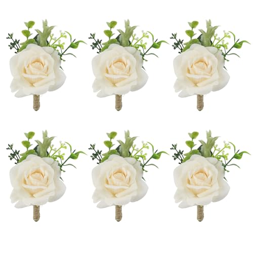 6Pcs Champagne Rose Boutonnieres for Men, Wedding, Dance Party | Groom and Best Man Boutonnieres for Ceremony Anniversary Formal Dinner Party, Fall Vintage Rustic Marriage Prom Decor - color: Champagne-c Bouotnniere 6pcs