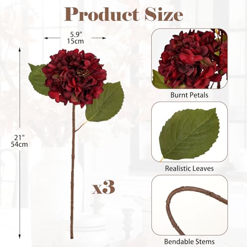Hollyone 3Pcs Dark Red Hydrangea Artificial Flowers Faux Dried Touch Hydrangeas Silk Flowers with Stems Fake Fall Florals Flower for Home Wedding Table Centerpiece Vase Arrangements Fall Decorations - color: Red - Dried Hydrangea