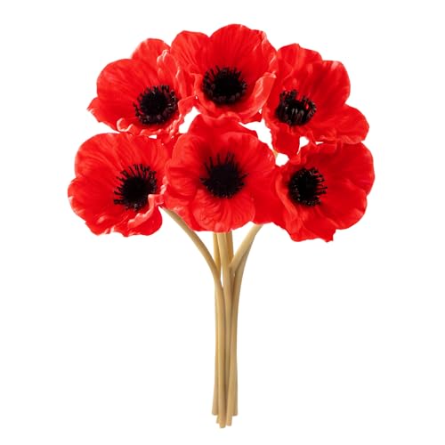 Floral Kingdom Artificial Anemone Poppy Flower,Red Real Touch Latex,10 inch,7Pack,for Home Teble Decor,Wedding Bouquet - color: Red