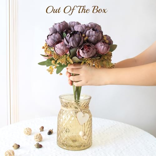Faux Flowers in Vase, Fake Flowers in Vase 21 Pcs Faux Peony Flowers, Artificial Flowers for Home Decor, Indoor Centerpiece for Living Room & Dining Table - Purple Red - color: Purple Red Peony