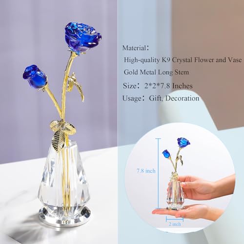 Arikyrist Crystal Rose Flowers Figurines Home Decor, Blue Glass Flowers with Stems, Collectible Figurines Crystal Rose Flower Gifts for Women on Mother's Day Valentine - color: Blue