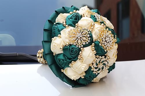 Emerald Green and Ivory Bridal Wedding Bouquet with Gold Brooch Rhinestone Pearl Satin Rose Flower Bouquet for Bride Bridesmaid Quinceanera Wedding Emerald Green and Ivory 9.5in - color: Dark Green & Ivory, size: Diameter: 9.5 inches