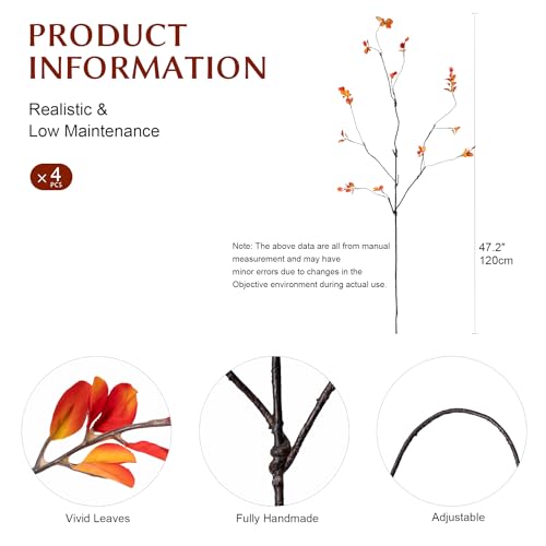 Ttranewsoo Fall Stems Artificial Ficus Branches, Faux Eucalyptus Stems Fall Decor, Fake Leaves Fall Decorations for Home, Autumn Table Decor Fall Branches for Vase 47.2 Inch,Yellow, 4 Pcs - color: Orange4