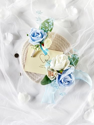 SITUMEIZI 2Pcs Blue Corsage and Boutonniere Set Wrist Corsage Bracelets and Boutonniere for Men Wedding Prom Party Suit Decor - color: Light-blue