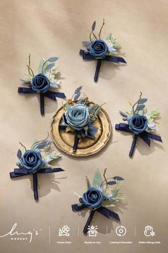 Ling's moment Boutonniere for Men, 6pcs Groom Groomsmen Boutonniere, Artificial Flowers for Wedding Decor/Prom/Homecoming, etc.Blue - color: Blu-blue