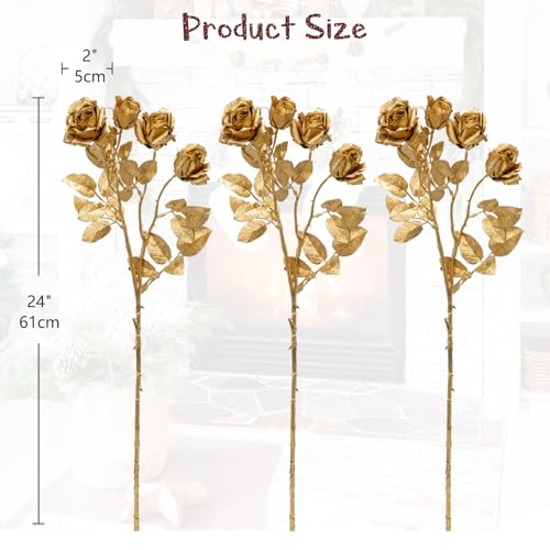 Hollyone 3Pcs Christmas Flowers Gold Artificial Rose Flowers 24inch Fake Roses Flower with Three Heads Floral Arrangements Bouquets Xmas Golden Faux Rose Stems for Centerpieces Christmas Home Decor - color: Gold - Roses（3 Head）
