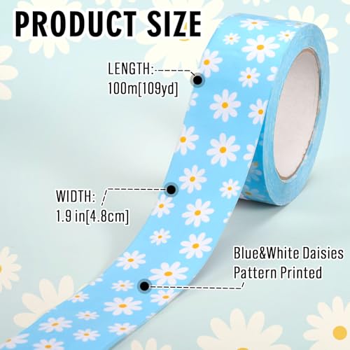 Whaline 109 Yard Groovy Daisy Packing Tape Gift Wrapping Tape Blue White Boho Spring Flower Pattern Tapes for Small Business DIY Crafts Carton Decor - style: Blue White Daisy