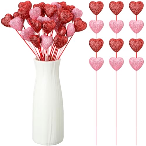 12 Pcs Glitter Foam Hearts Sticks Foam Heart Picks Sparkly Hearts Stems Puffy Heart Wooden Picks for Wedding Decorations Flower Arrangements Crafts (Red,Pink) - color: Red,Pink, size: 12 Pcs