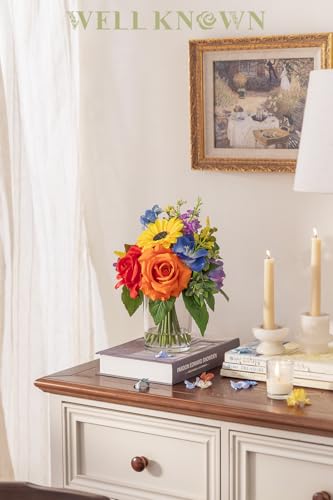 WELL KNOWN Artificial Flowers in Vase with Fake Water, Colorful Spring Flowers Fake Sunflowers Rose Peonies Bouquet for Home Wedding Party Dining Table Baby Shower Decor & Birthday Gift (Rainbow) - color: Colorful Rainbow