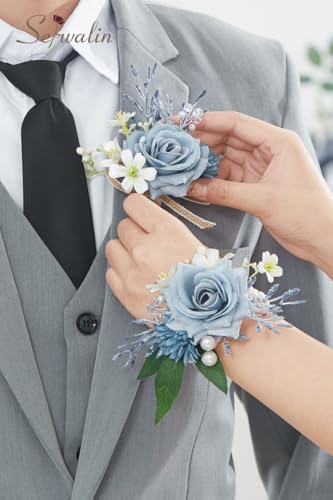 Serwalin Corsage and Boutonniere Set, Boutonniere and Wrist Corsage Wristlet Prom Homecoming Wedding Flowers Accessories Prom Suit Decorations (Blue & Dusty Blue) - color: Dusty Blue, size: 1 Boutonniere & 1 Wrist Corsage - 2pcs