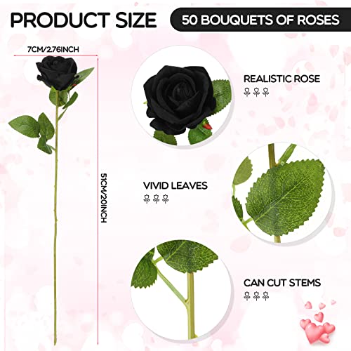 Jexine 50 Pcs Artificial Rose Flower Bulk Realistic Silk Fake Roses with Long Stem Plastic Artificial Flower Bouquet Real Looking for Home Wedding Centerpieces Party Decoration(Black) - color: Black