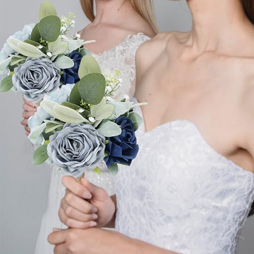 Bridesmaid Bouquets for Wedding 7 inch- Set of 6 Artificial Flowers Bouquet Navy & Blue Rustic Wedding Small Floral Centerpieces for Marriage Proposal Party Anniversary Dining Table Decor - color: Blue, size: 6pcs Bouquets