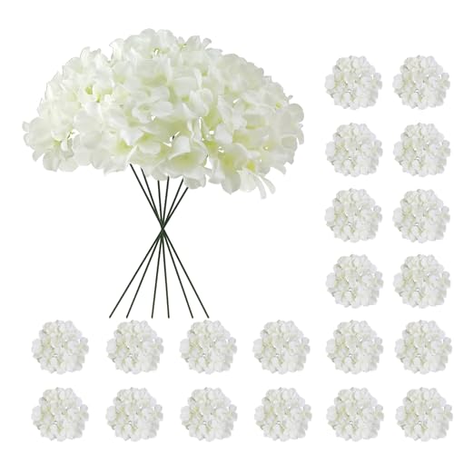 20 Pcs White Hydrangea Artificial Flowers Bulk, Faux Hydrangea Flowers Heads, Artificial Fake Silk Hydrangea Flowers with Stems, White Flowers Artificial for Decoration Wedding Décor - color: White, size: 20 Pcs