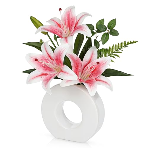 Artificial Flowers in Vase 13" Realistic Fake Lilies Flowers with 3 Heads Full Bloom Tiger Lily Floral Arrangement Pink Faux Flowers for Vase Table Centerpieces Home Wedding Bathroom Office Decor - color: Pink