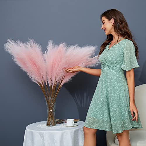 FOTEEWL 8 PCS Faux Pampas Grass Decor 38"/3.1FT Tall Fake Pompas Floral Large Artificial Pompous Grass Branches Plants for Floor Vase Filler Home Boho Decoration (Pink) - color: Pink