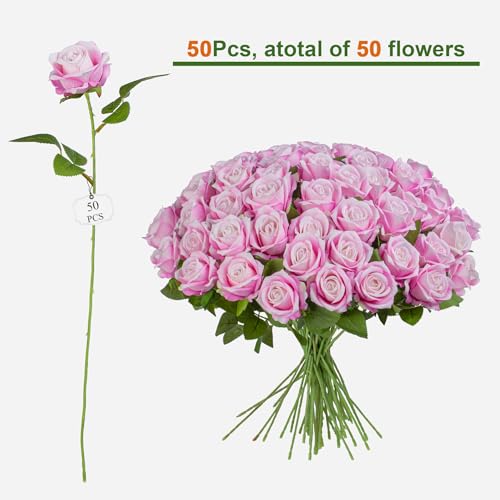 Artificial Flowers Roses Touch Fake Rose Bouquet Flower Stem Fo Wedding Centerpieces DIY Wreath Home Decorations Silk Roses Fo Mothers Party Fake Outdoor Flowers Decor 19.6"(Deep Pink 50PCS) - color: Deep Pink 50pcs