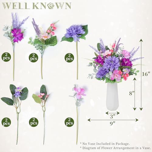 WELL KNOWN Artificial Flowers Bouquet, Fake Flowers for Vase, Silk Faux Flowers DIY Table Centerpieces for Wedding, Dining Room, Kitchen, Office, Farmhouse, Mother's Day Decor & Gift (Violet Pink) - color: Violet & Pink