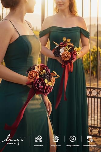 Ling's moment Burgundy & Burnt Orange Artificial Wedding Flower Bouquets for Bridesmaids Red Floral Bouquet Bridesmaid Bouquets with Ribbon Ceremony Anniversary,7-inch Diameter - color: Rd-burgundy & Burnt Orange