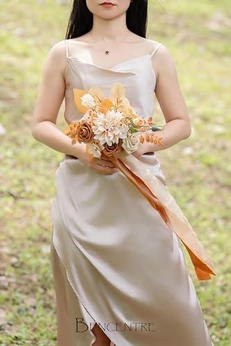 Set of 6 Terracotta Bridesmaid Bouquet, Small Bouquet | Artificial Flowers, For Wedding, Marriage Proposal Party, Vintage Wedding Ceremony, Anniversary - color: Terracotta