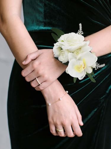 Rinlong 2Pcs White Orchid Wrist Corsage for Wedding, Prom, Homecoming | Bridesmaid Wristlet, Mother of the Bride Flower Corsage - color: 06-white Orchid