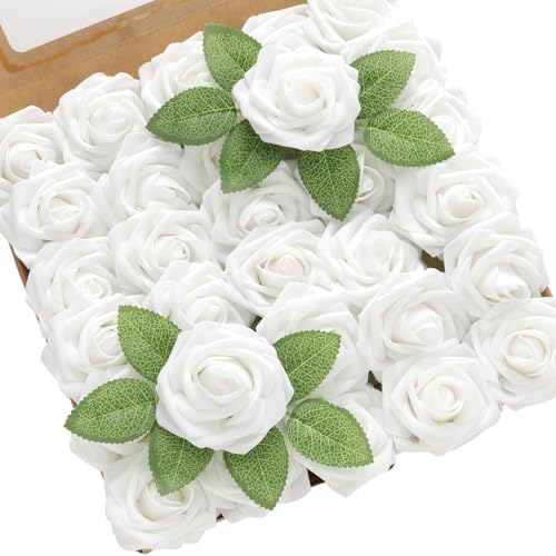 DerBlue 60pcs Artificial Roses Flowers with stem and 10pcs Green Leaves Real Looking Fake Roses Artificial Foam Roses Decoration DIY for Wedding,Arrangements Party Home Decorations - color: White