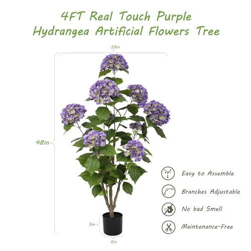 Nafresh 4FT Real Touch Faux Hydrangea Tree Outdoor, 2 Pack Purple Hydrangea Tree Artificial with Vibrant Blooms, Faux Hydrangea Potted Plant for Indoor Outdoor Home Front Porch Pation Decor - color: Purple, size: 4ft
