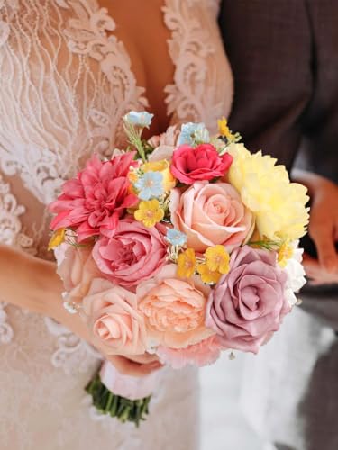 Artificial Flower Box Set Pink & Yellow Silk Flowers Rose Faux Flowers for DIY Bouquets Centerpieces Arrangements Table Decor Baby Shower Party Home Decor (Pink & Yellow) - color: Pink & Yellow