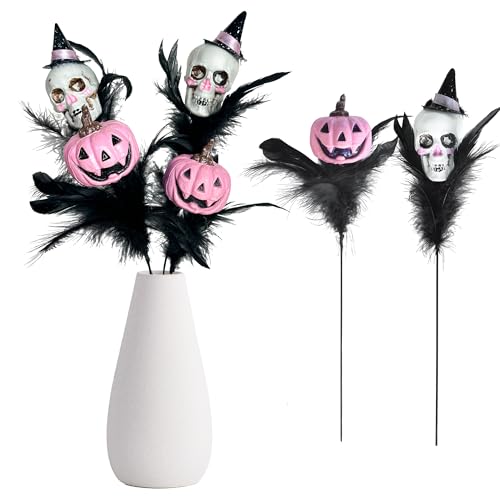 4PCS Halloween Decoration Pumpkin Artificial Floral Picks, Pink Pumpkin Skull Feather Halloween Branches Decorations for Vase Home Indoor Party Décor - color: Pumpkin & Skull 4pcs