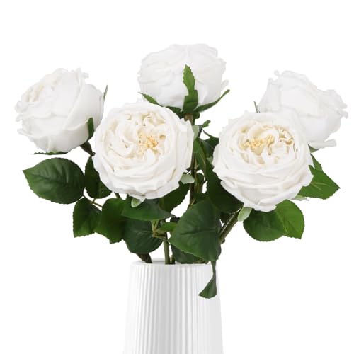 IPOPU White Roses Artificial Flowers,5PCS Real Touch Austin Roses Faux Peony Flowers Stems for Wedding Bouquet Party Home Decor(White) - color: White