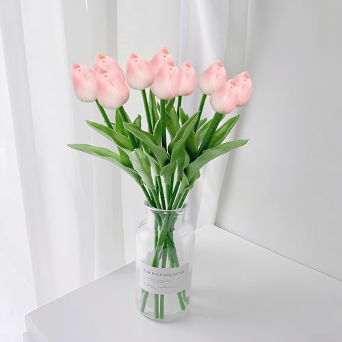 20 Pcs Pink Tulips Artificial Flowers 13" Fake Pink Tulips Real Touch PU Faux Tulip Bouquet for Mother's Day Floral Arrangement Home Kitchen Table Wedding Decorations - color: Pink