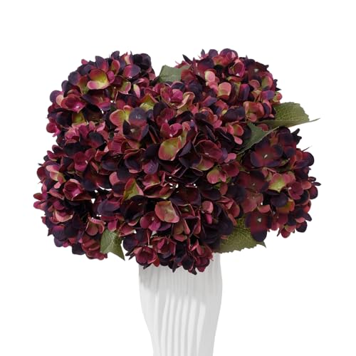 6PCS Realistic Artificial Silk Hydrangea Flowers, Premium Fake Hydrangea Flowers Bouquet with Stems, Full Faux Hydrangea Blooms for Home Wedding Table Party Office Decorations(Purplish Red) - color: Purplish Red