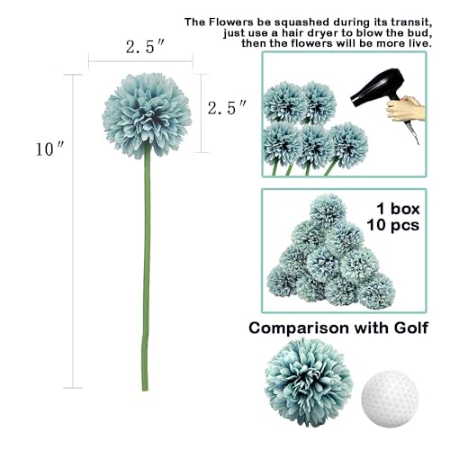 10Pcs Artificial Fake Flower Plants Silk Chrysanthemum Ball Hydrangea Arrangements Wedding Bouquets Decor Home Kitchen Garden Party Table Floral Centerpieces DIY (Grey Blue) - color: Grey Blue