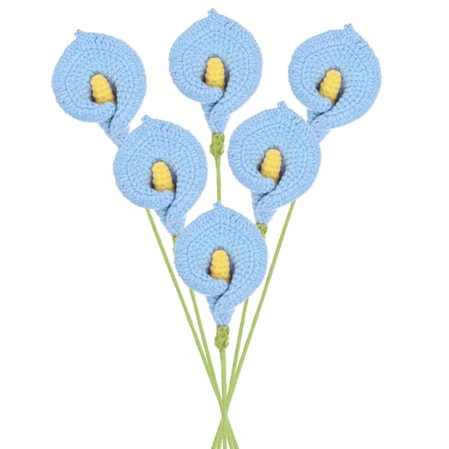 M METERXITY 6-Pack Crochet Flowers, Knitted Artificial Wool Calla Lily for Mother's Day/Wedding/Birthday/DIY Decor, Handmade Knitted Flowers [Blue] - color: Blue