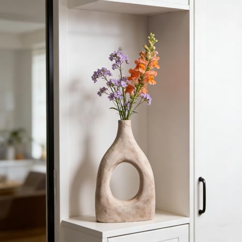 Large Boho Ceramic Floor Vase for Home Decor, Matte Narrow Hollow Vase for Pampas Grass, Minimalist Decorative Centerpiece for Living Room, Entryway, Office (Beige Large) - color: Beige Large