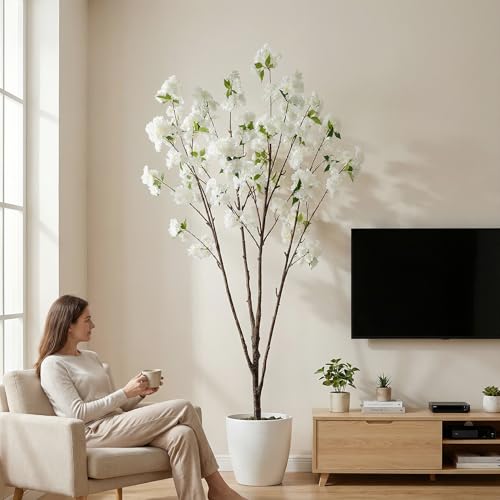 Ttranewsoo Fake Tree Cherry Blossom Tree Artificial Cherry Blossom Tree Tall Fake Plant Faux Trees Indoor Fake Trees Artificial Trees Home Decor Indoor Applies to Living Room Bedroom (81.9'' White) - color: 2m White