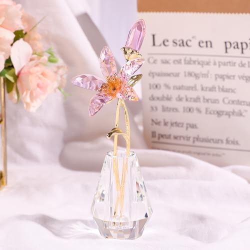 LONGWIN Crystal Artifical Tiger Lily Flowers with Vase - Pink Crystal Collectible Figurines Decorative Blooming Lily Flower for Home and Wedding - color: Pink