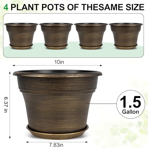 Plant Planters Pots Set of 4 Pack 10 Inch, Plastic Flower Pot For Indoor Plants With Drainage Holes & Trays, Resin Decorative Container Sets With Saucer For House Outdoor Garden Planters Dark Gold - color: Gold, size: 10 inch-4 pack