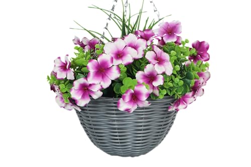 KIHO Artificial Hanging Flower Plant with Basket for Spring Summer Outdoor Decoration, Low-Maintenence Beautiful Petunia Flowers with Eucalyptus Leaves Perfect for Home (Pink) - color: Pink
