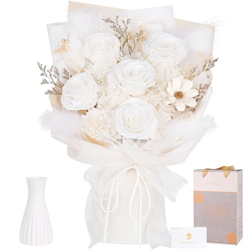 Preserved Bouquet of Flowers - 5 Roses & Flowers for Delivery, Real White Forever Flower, Eternal Roses Bouquet, Mothers Day Gifts for Mom Grandma Wife, Anniversary Birthday Gifts for Women - color: White