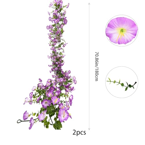 Artificial Flowers Garland 2PCS Purple Artificial Silk Morning Glory Vine Artificial Flowers Hanging Eucalyptus Garland for Wall Fence Arch UV Protected Indoor Outdoor Decor - color: Purple