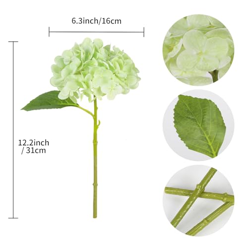 IPOPU 6PCS Real Touch Fake Hydrangea Artificial Flowers Light Green Hydrangeas with Stems Realistic Faux Hydrangeas for Home Table Wedding Baby Shower Party Floral Arrangements (Light Green) - color: Light Green