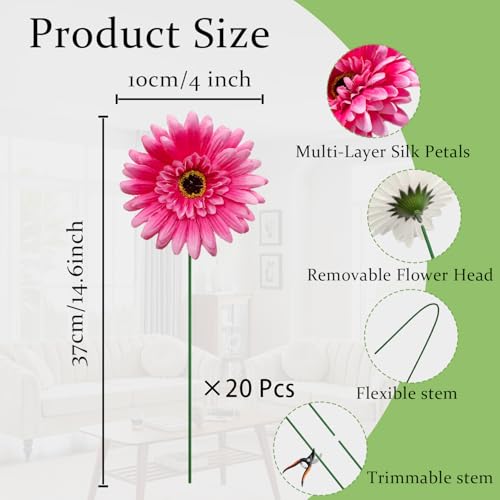 20 Pcs Fake Silk Gerbera Daisy Artificial Flowers with Stems Faux Daisies Flower Bulk for DIY Art Crafts Home Wedding Party Vase Centerpieces Tables Garland Wreath Decoration (Pink) - color: Pink