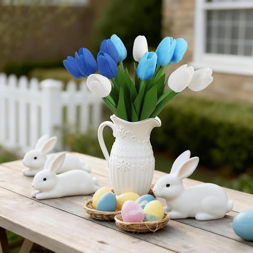 Artificial Tulips Flowers Fake Latex Tulip Stems - 30pcs Real Touch Faux Multicolor Tulips Flower for Easter Spring Wedding Bouquet Centerpiece Floral Arrangement Cemetery Table Decor - color: Dark Blue, White, Light Blue