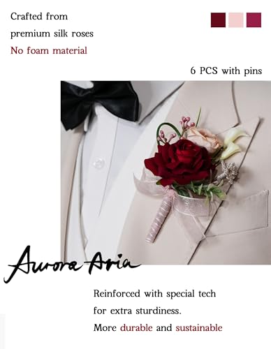 AuroraAria Red Boutonniere for Men,Set of 6,Groom Boutonniere for Wedding,Anniversary,Homecoming,Formal Dinner Party,Wedding Decor,Artificial Red Rose - color: Red