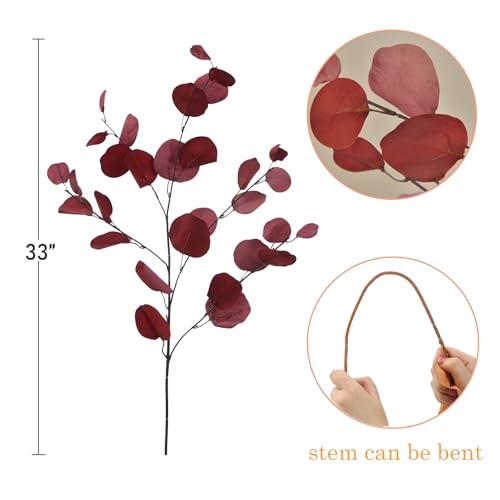 3 PCS Artificial Eucalyptus Stems Long 33" Fake Eucalyptus Leaves Branches for Vase Home Wedding Party Decorations, Red - color: Red*3