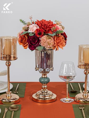 FANKO Artificial Flowers for DIY, Burgundy Burnt Orange Blush Pink Faux Flowers Bouquet, Fake Rose Poppy Dahlia Daisy Silk Flowers for Vase, Home Decor, Celebrations, Summer Wedding, Birthday, Party - color: Burnt Orange Dahlia
