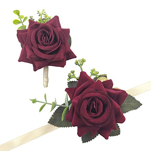 Arlai Wedding Prom Corsage and Boutonniere Set, Rose Wrist Corsage Ribbon Bracelet, Artificial Flower Christmas Wrist Corsage - color: Red Wine (1pc Wrist Corsage+ 1pc Boutonniere)