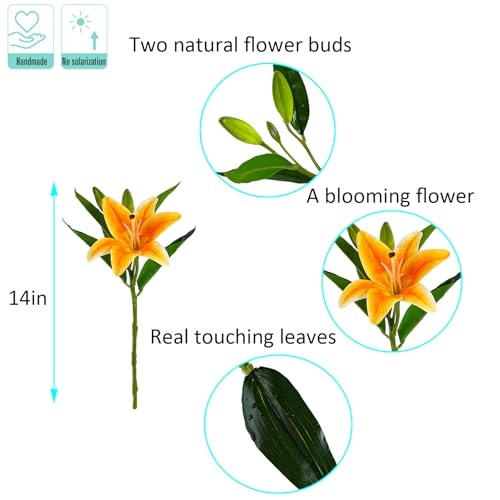 Kimura's Cabin 6Pcs Tiger Lilies Artificial Flowers Real Touch Lily with Stems Fake Flower Faux Lilies Bouquet for Wedding Floral Arrangements Easter Home Table Centerpiece Office Decor(Orange) - color: Orange Yellow